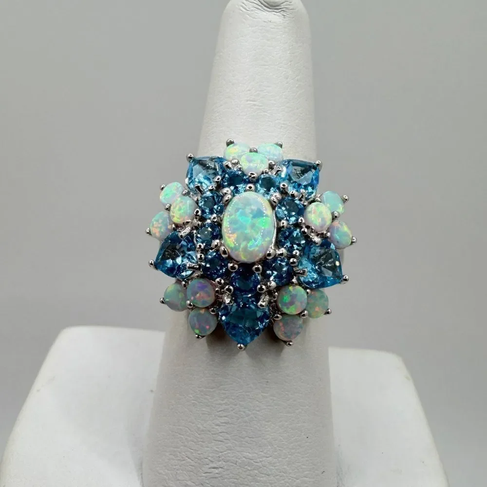 NWT Lab created‎ Opal, genuine blue topaz STATEMENT ring in sterling silver!